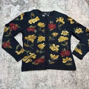 Peruvian Connection Pima Cotton Knit Cardigan Floral Button Up Small Artisan Art